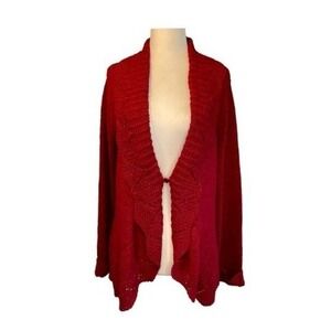 Tweeds Waterfall‎ Cardigan Sweater Red Open Knit Long Sleeve Yoke Collar XL